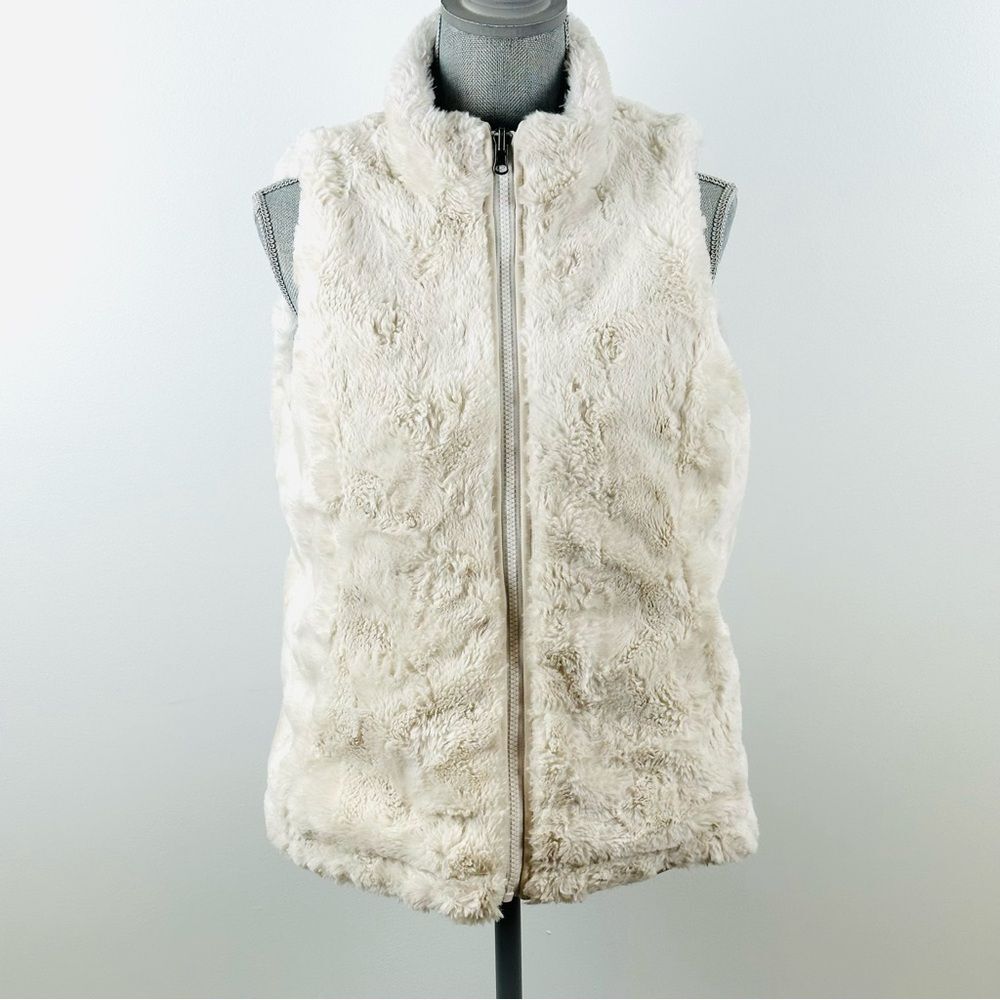 Original Nicole Miller SZ S Reversible Faux Fur Quilted Zip Vest Ivory Pockets